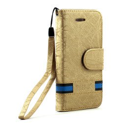 Apple iPhone 5 5S Cloth Flip Leather Wallet TPU Case with Strap and Stand (Gold)